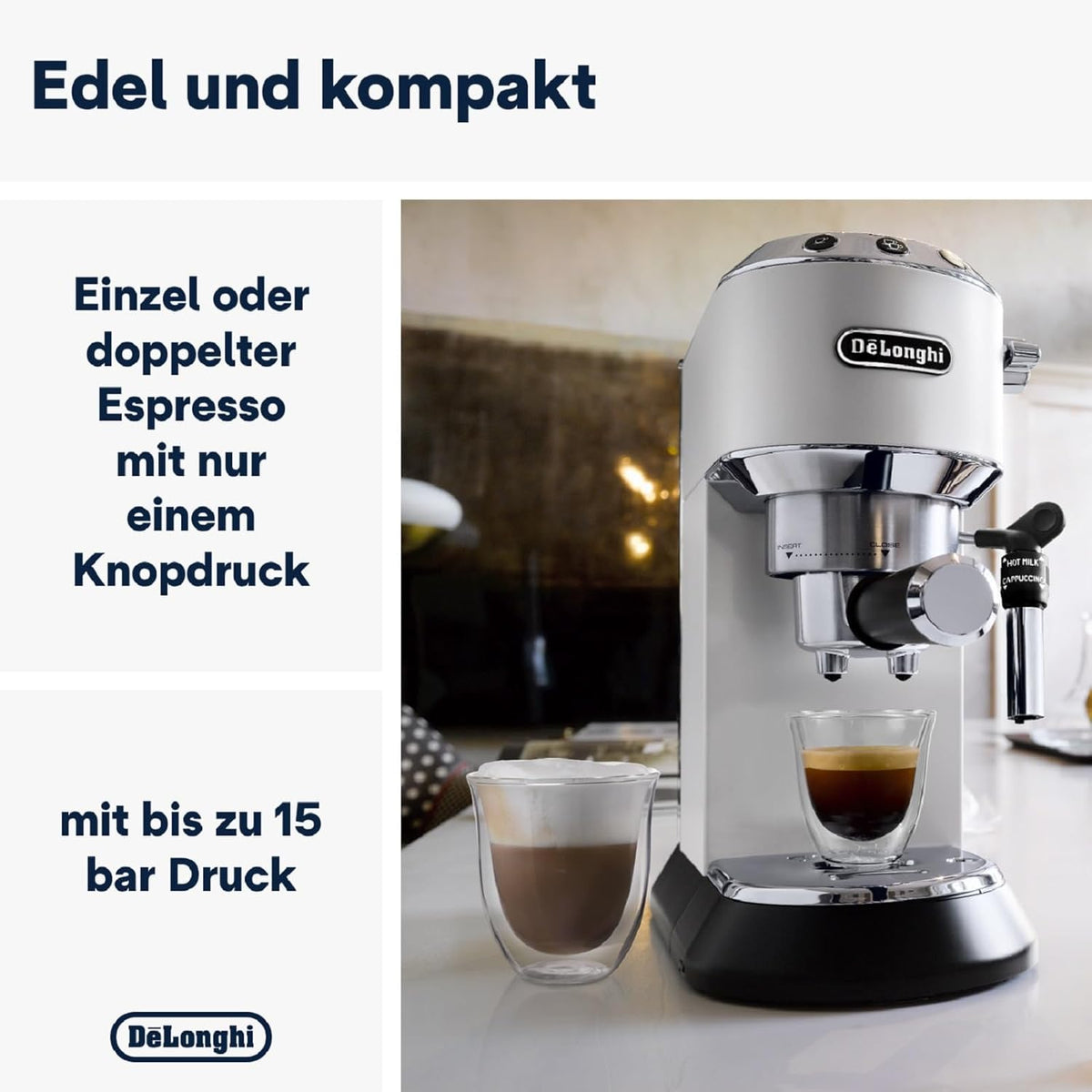 De'Longhi Dedica Style EC 685.M – Espresso Siebtrgermaschine, Espressomaschine mit professionellem Milchaufschumer, nur 15 cm breit, für Kaffeepulver oder ESE Pads, 1 l Wassertank, silber
