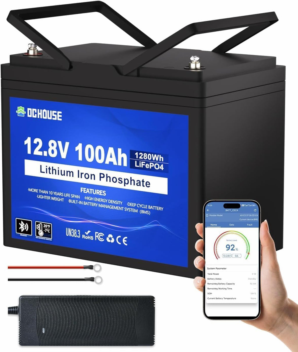 DCHOUSE 12V 100AH LiFePO4 Bluetooth Lithium Batterie,mit 10A Batterie Ladegeräte,100A BMS Niedertemperaturschutz,1280Wh Autobatterie für Trolling-Motor,Wohnmobil,Wohnwagen,Solaranlage