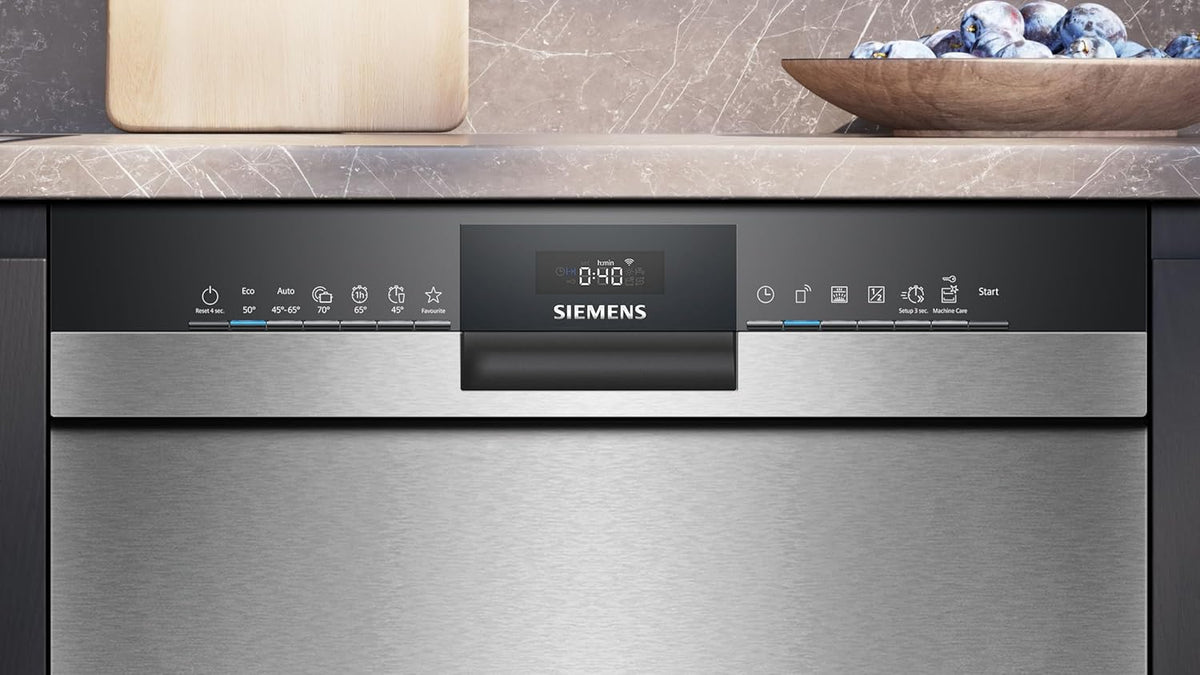 Siemens SN43ES14VE, iQ300 Smarter Geschirrspüler, Unterbau-Spülmaschine mit Besteckschublade, 60 cm, automatische Türöffnung dank autoOpen dry, besonders leise mit iQdrive-Motor, aquaStop, Edelstahl