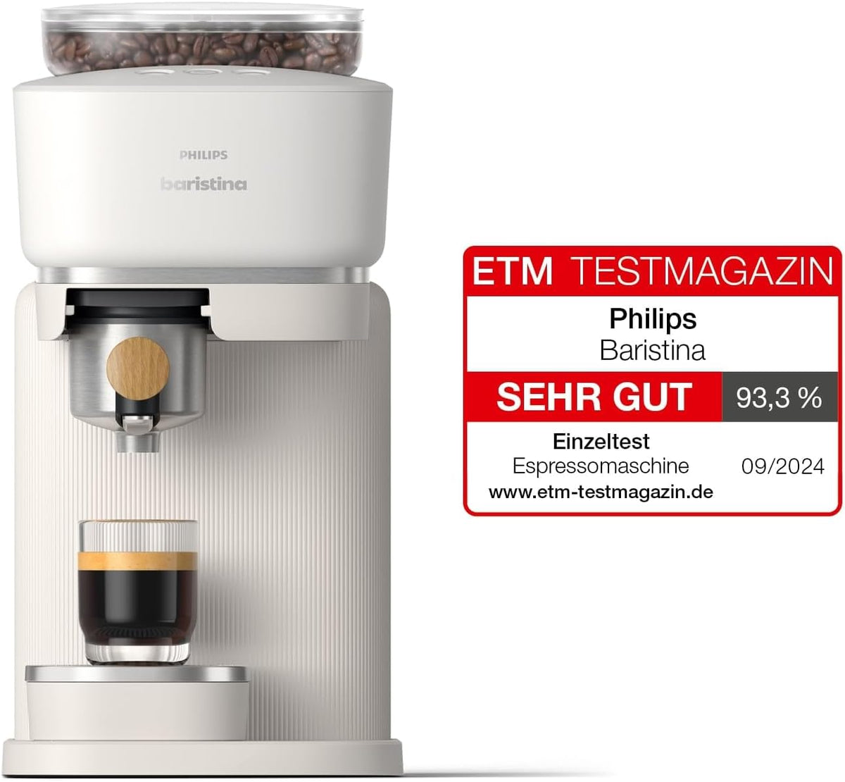 Philips Baristina Espressomaschine - Real Espresso- made simple. Kompakte Kaffeemaschine- Naturweiß mit weißem Siebträger- 16-bar-Pumpendruck- automatisches Mahlwerk- Cafe Crema (BAR300/00)