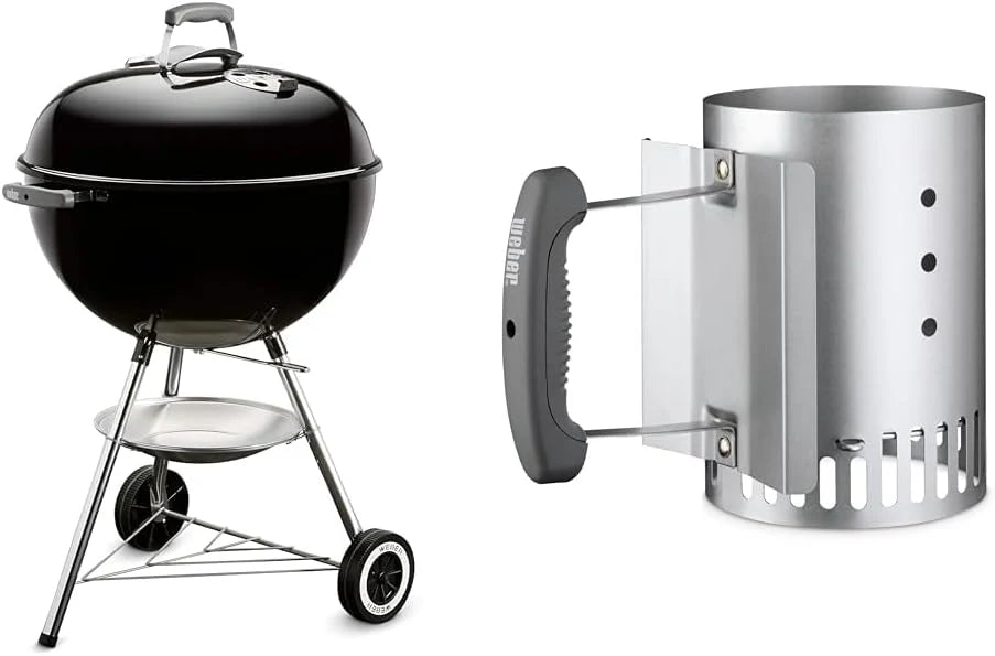 Weber Classic Kettle barbecue au charbon de bois, surface de cuisson Ø 57cm, barbecue avec couvercle et cuve en acier emaillé, thermomètre intégré au couvercle, trépied et roues - Noir (1341504)
