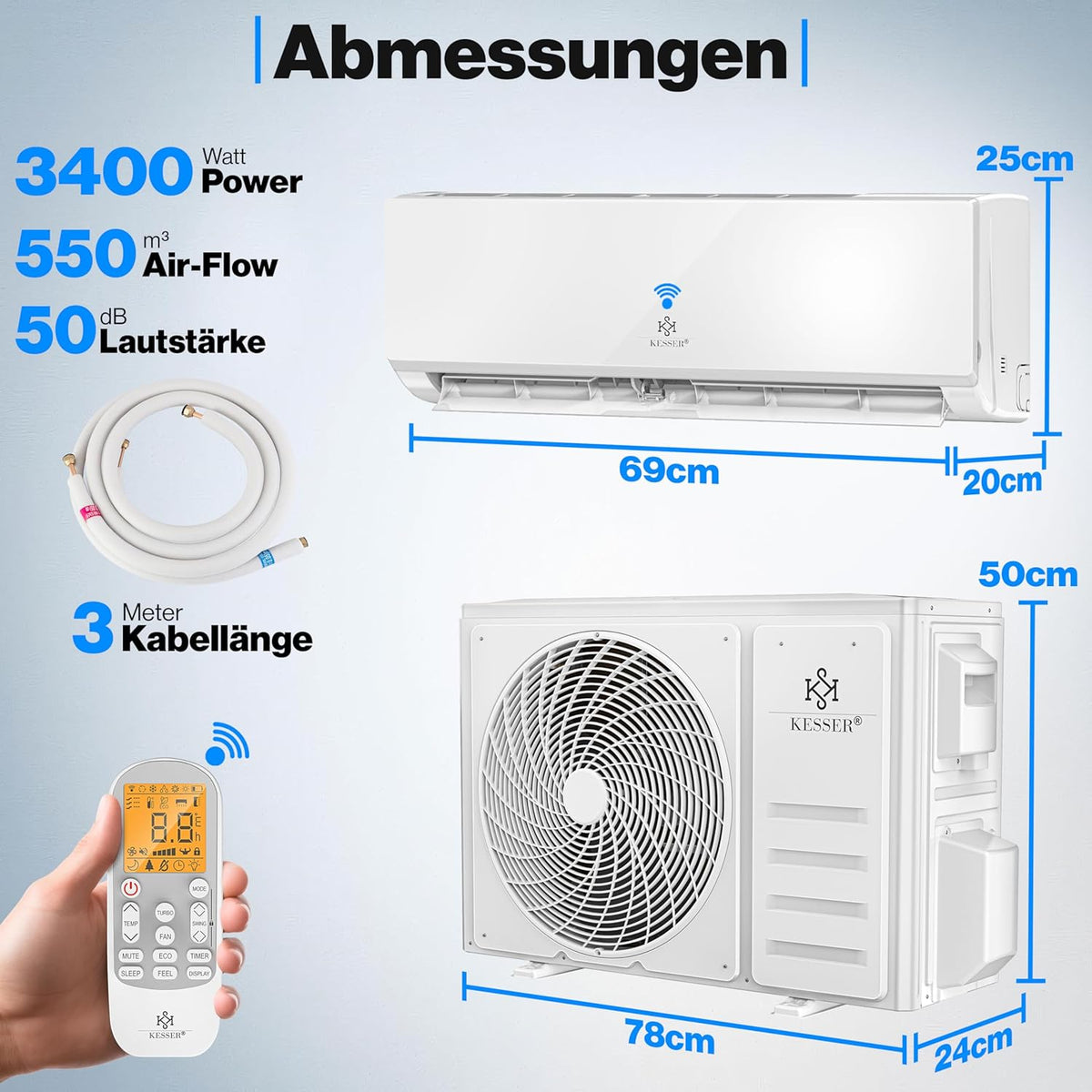 KESSER® Klimaanlage Set Split - mit WiFi/App Funktion Klimagerät - Kühlen A++/ Heizen A+ - 9000 BTU/h (2.600 Watt) Kältemittel R32 - Fernbedienung, Timerfunktion - Inkl. komplettem Montagematerial