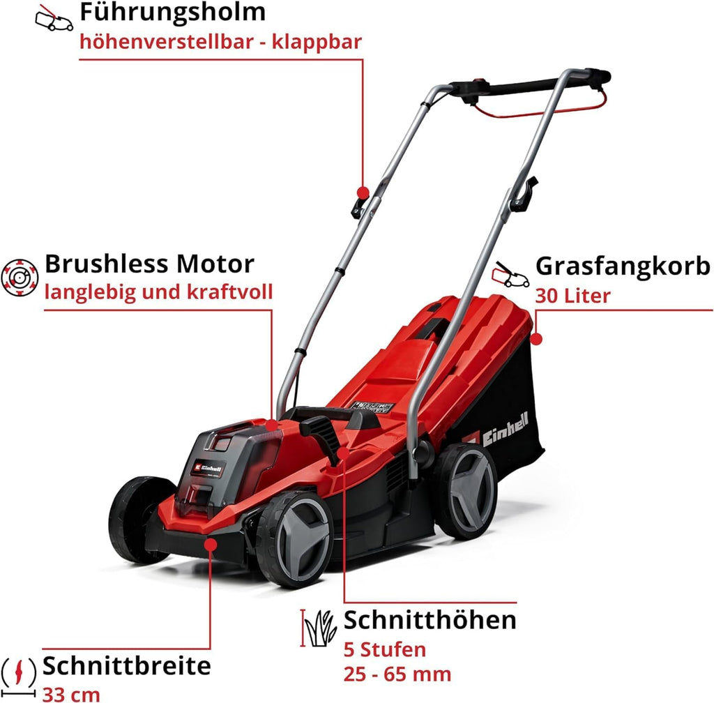 Einhell Akku-Rasenmher GE-CM 18/33 Li Kit Power X-Change (18 V, 33 cm Schnittbreite, bis 200 m, Brushless, 30L Fangkorb, 25-65 mm Schnitthhe, inkl. 4,0 Ah Akku + Ladegert)