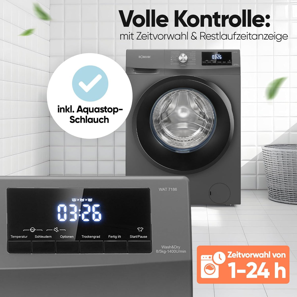 Bomann Waschtrockner Waschen und Trocknen 10 Jahre Motor-Garantie 8 kg Waschen, 5 kg Trocknen Invertermotor 1400 U/Min Waschmaschine mit Trockner integriert WAT 7186 titan