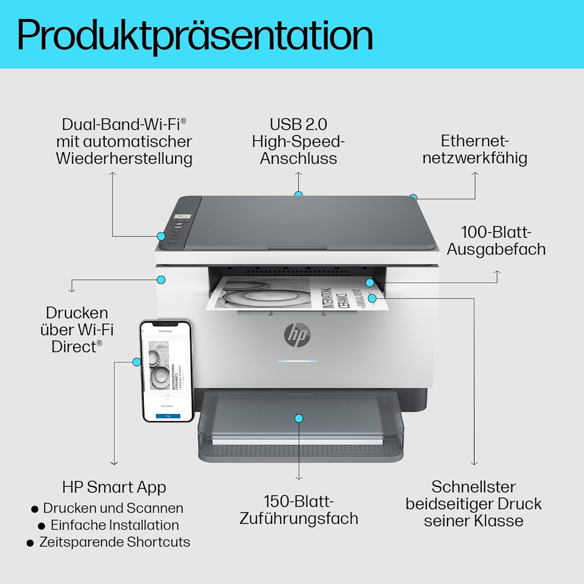 HP LaserJet MFP M235sdw Multifunktions-Laserdrucker Schwarzweiß, Drucken, Kopieren, Scannen, Automat.beidseitiger Druck, Dual-Band Wi-Fi, USB, LAN, HP Smart App, Intelligente Benutzeroberfläche