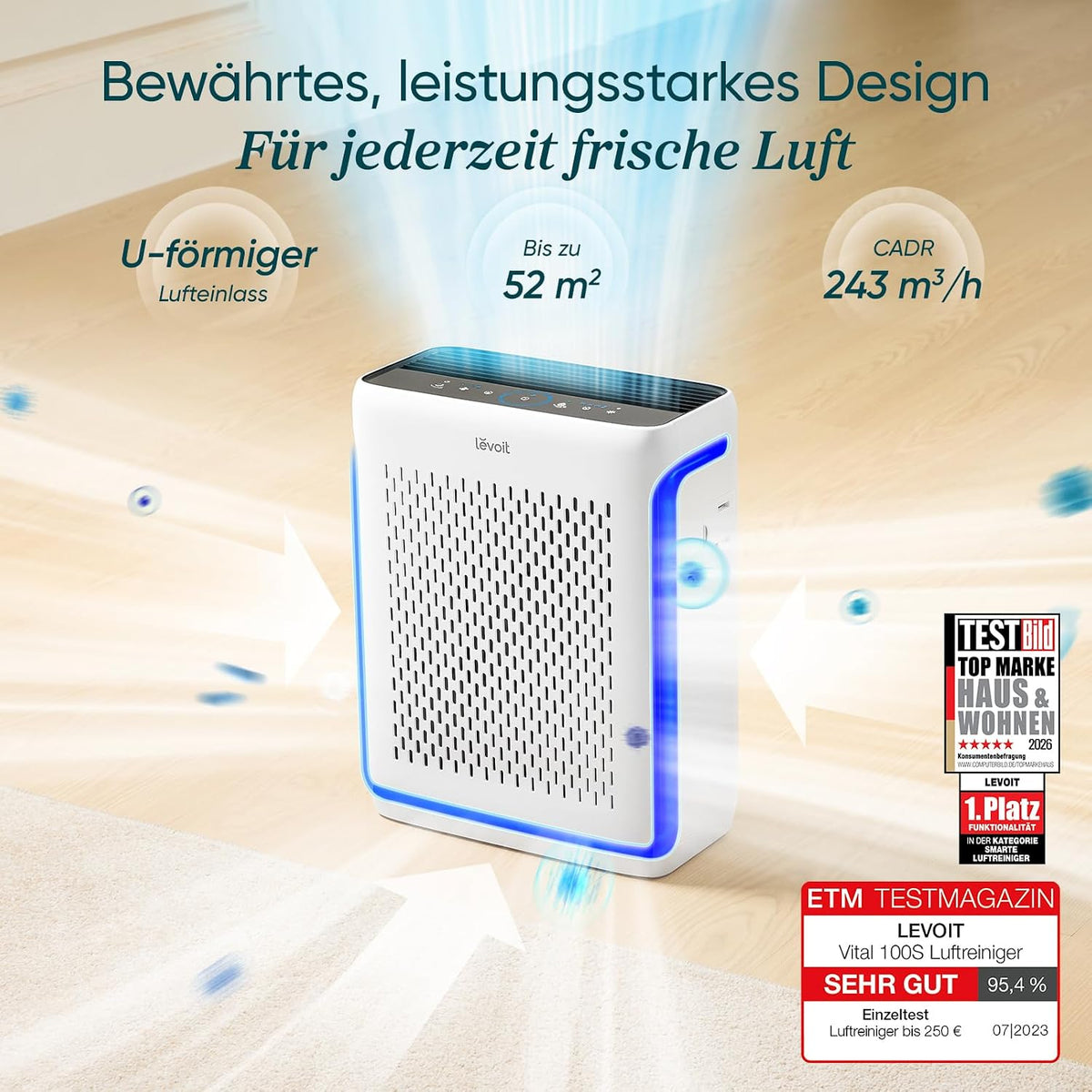 Levoit Vital 100S HEPA Luftreiniger für Allergiker, CADR 243 m³/h, HEPA- und Aktivkohlefilter, leise, PM2.5 Sensor, App und Alexa, gegen Staub, Pollen, Rauch und Gerüche, bis zu 52㎡, Mondweiß
