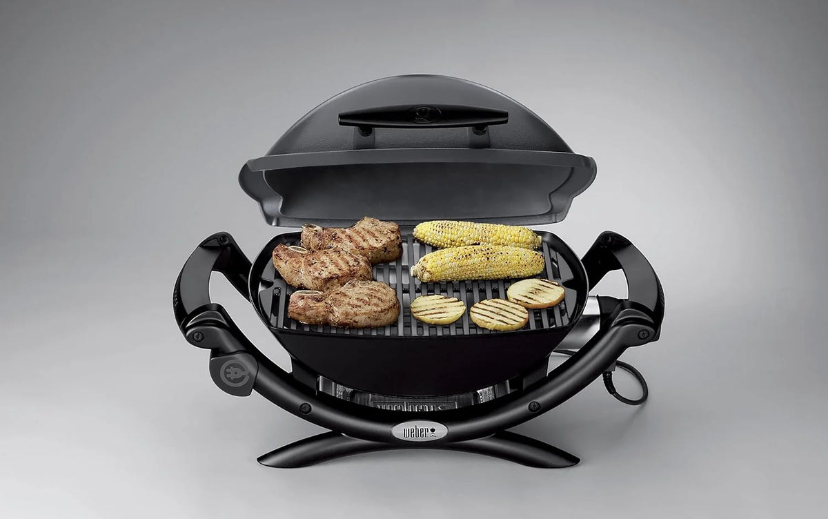 Weber Q1400 Barbecue électrique, surface de cuisson 43 x 32 cm, nomade, grille en fonte émaillée divisée en 2 parties, couvercle et cuve en fonte d'aluminium - Gris foncé (52020053)