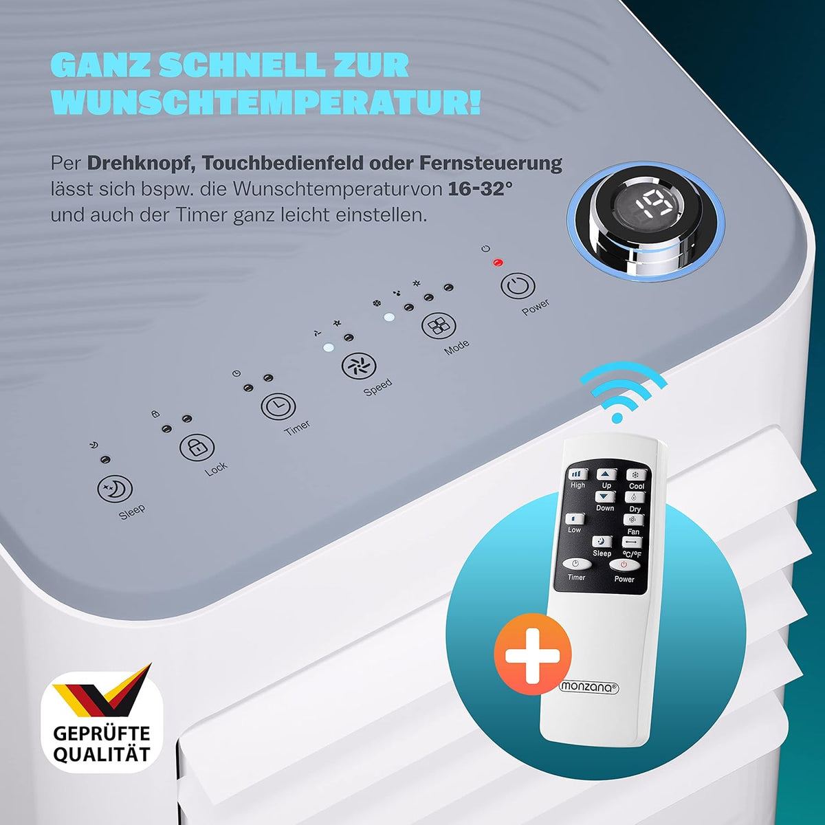 Monzana® lokale Klimaanlage MZKA2000 Mobil Abluftschlauch 7000BTU 3in1 750W 24h Timer 25qm Fernbedienung Luftentfeuchter Rollladenkit Klimagerät