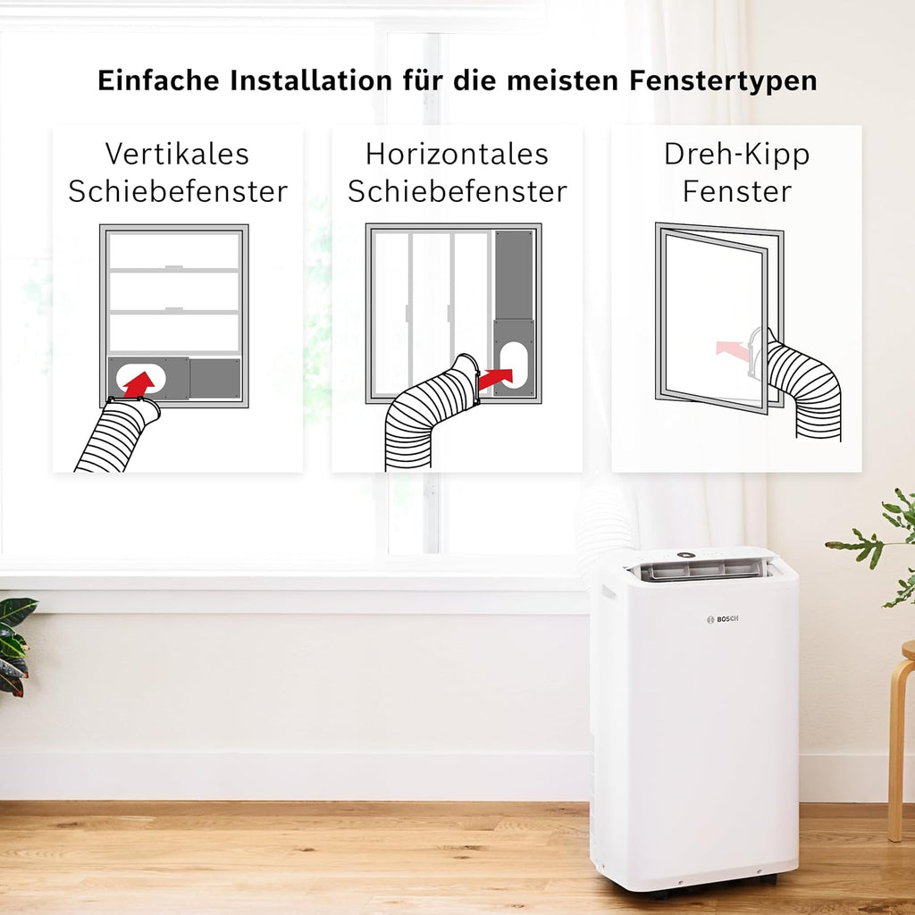 Bosch Cool 4000 Mobiles Klimagerät - 3-in-1: Klimagerät, Luftentfeuchter, Ventilator - 2,6 kW für Räume bis zu 35m² - Mit Auto-Modus, Silent-Modus & Sleep-Modus