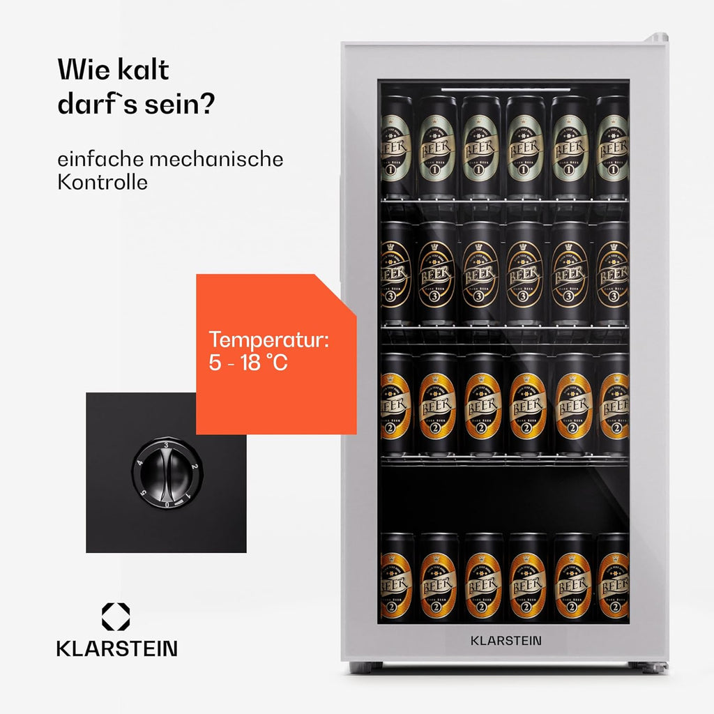 Klarstein Mini Kühlschrank mit Glastür für Zimmer, Getrnkekühlschrank mit Verstellbaren Ablagen, Kleiner 80 Liter, Indoor/Outdoor Kühlschrank Leise