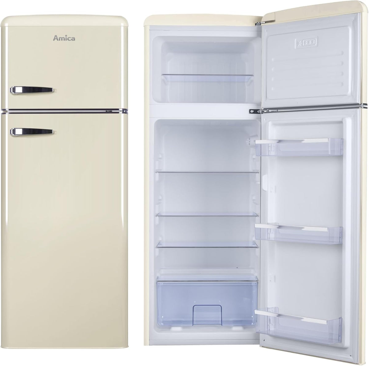 Amica KGC 15632 T Retro Kühl-/Gefrierkombination / Ice Blue (Türkis) / 144cm (H) x 55cm (B) x 62cm (T) / Retro-Design / Kühlschrank mit Gefrierfach