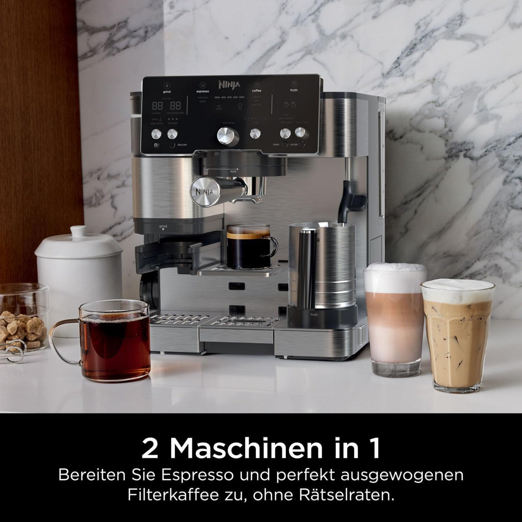 Ninja Luxe Essential 2-in-1-Kaffeemaschine mit Mahlwerk und Aufschäumer für Latte, Cappuccino & Espresso, einfache Handhabung, 2 Voreinstellungen zum Aufschäumen, Silber, ES501EU