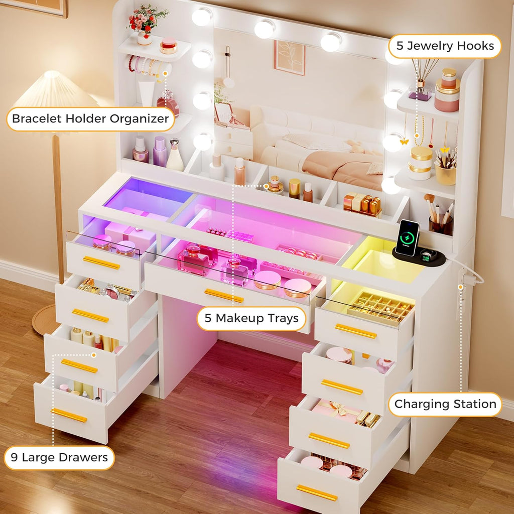 ANWBROAD Schminktisch mit Spiegel und Verstellbaren LED-Beleuchtung 3 Farben Transparente Glasplatte Große Schminktisch mit Steckdose 9 RGB-Schubladen 4 Ablagen weiß BDT95W