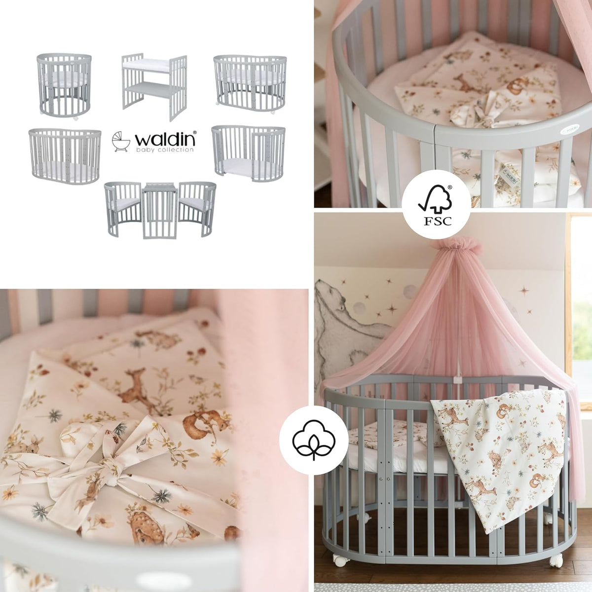 Waldin Oval Baby-Bett Mitwachsend Komplett Set 7in1, Gitterbett, Kinderbett mit Matratze, Wickelkommode, Beistellbett, Holz Weiß