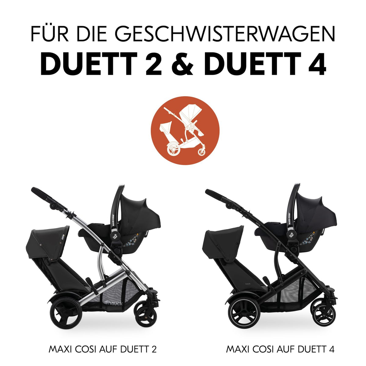 hauck Duett 2 Geschwisterwagen inkl. Regenschutz für Kinder bis je 15 kg, Hauptsitz umbaubar zur Babywanne ab Geburt mit Liegeposition, Zweitsitz Abnehmbar, Höhenverstellbar (Black Forest)