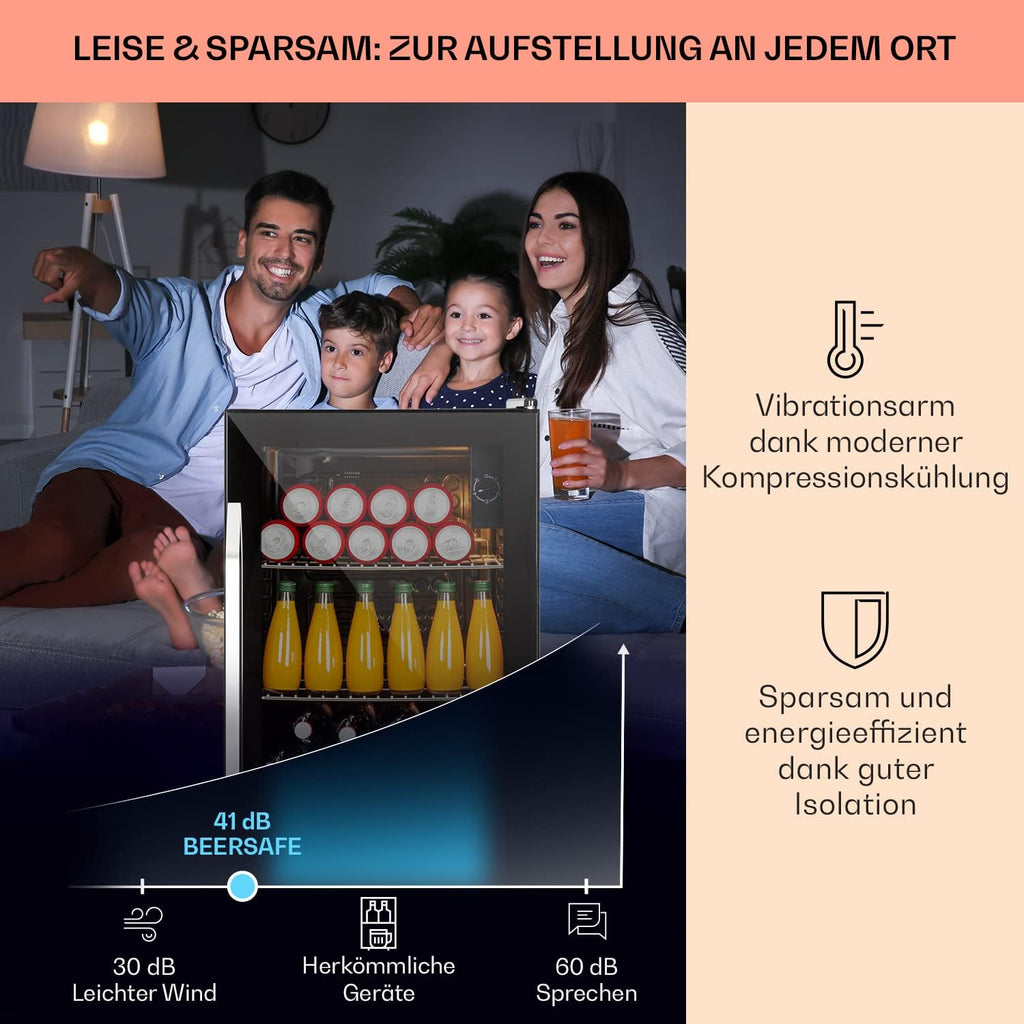 Klarstein Mini Kühlschrank mit Glastür für Zimmer, Getrnkekühlschrank mit Verstellbaren Ablagen, Kleiner 80 Liter, Indoor/Outdoor Kühlschrank Leise