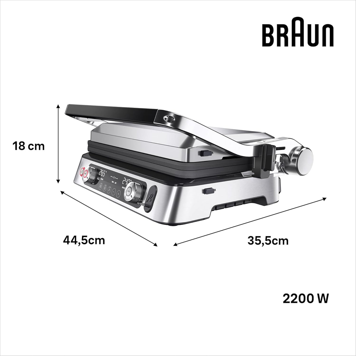 Braun MultiGrill 9 Pro CG 9160, Elektrogrill mit 2 unabhängigen Thermostaten, 3 Kochpositionen, spülmaschinenfeste Platten, integrierte Thermosonde, 2200 W, Schwarz/Edelstahl