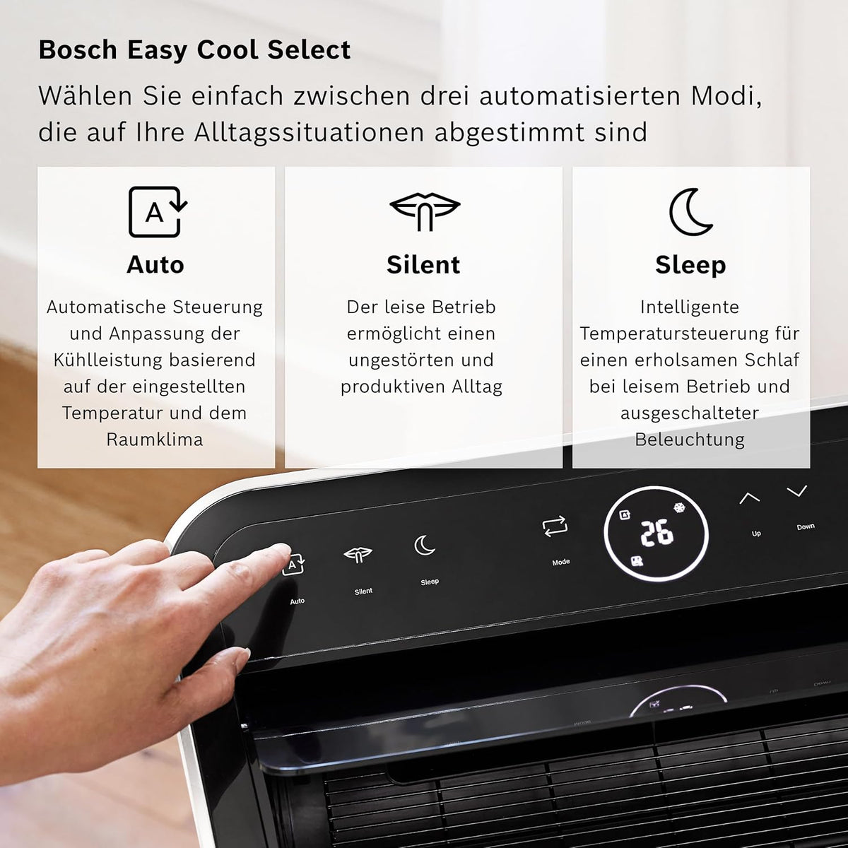 Bosch Cool 4000 Mobiles Klimagerät - 3-in-1: Klimagerät, Luftentfeuchter, Ventilator - 2,6 kW für Räume bis zu 35m² - Mit Auto-Modus, Silent-Modus & Sleep-Modus