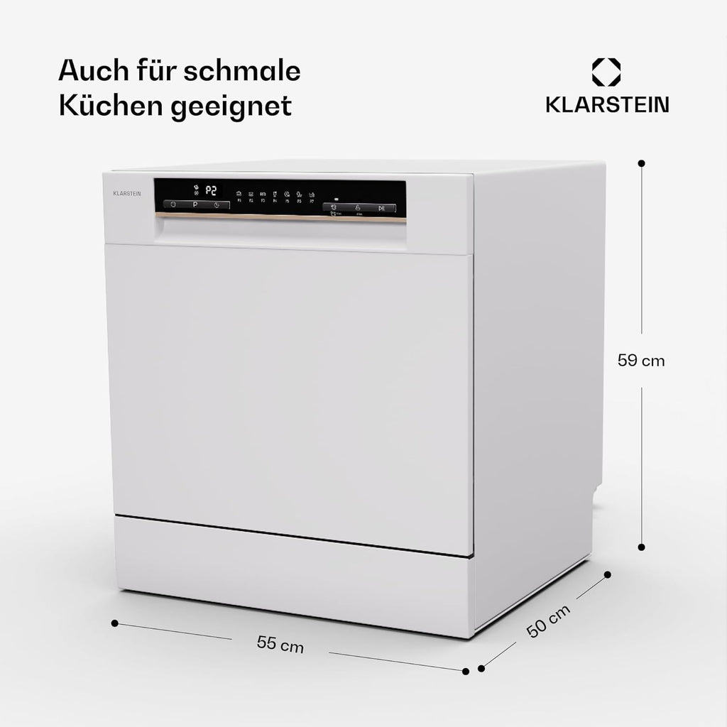 Klarstein ia 8 - Spülmaschine, Geschirrspüler, Freistehend, Teilintegriert, F, 55 cm breit, 8 Maßgedecke, 6 Programme, Aquastop, silber