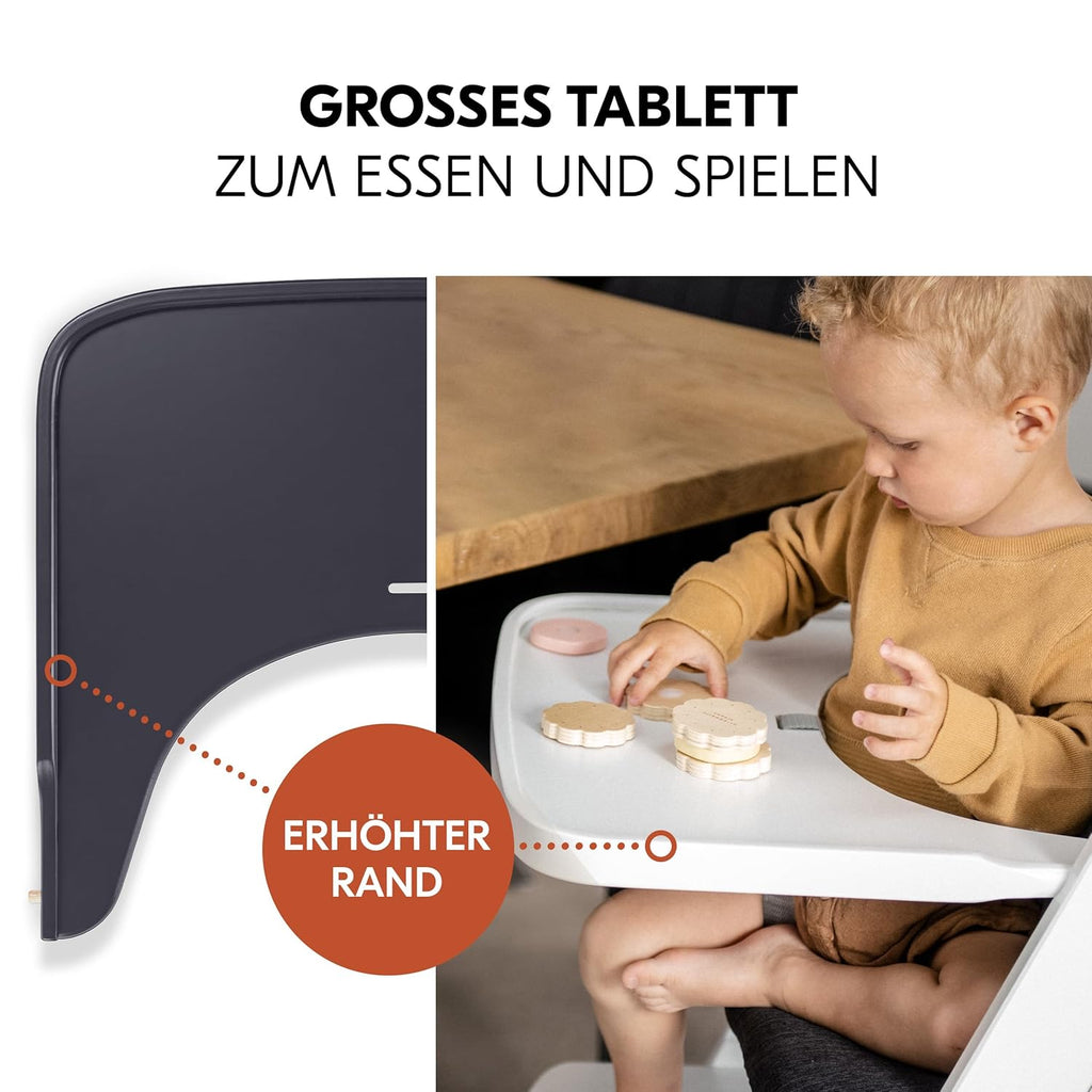 hauck Hochstuhl Beta+ Newborn Set Eco Bouncer - mitwachsender Holz Babyhochstuhl ab Geburt, inkl. Neugeborenenaufsatz, Sitzpolster und Essbrett - Dark Grey