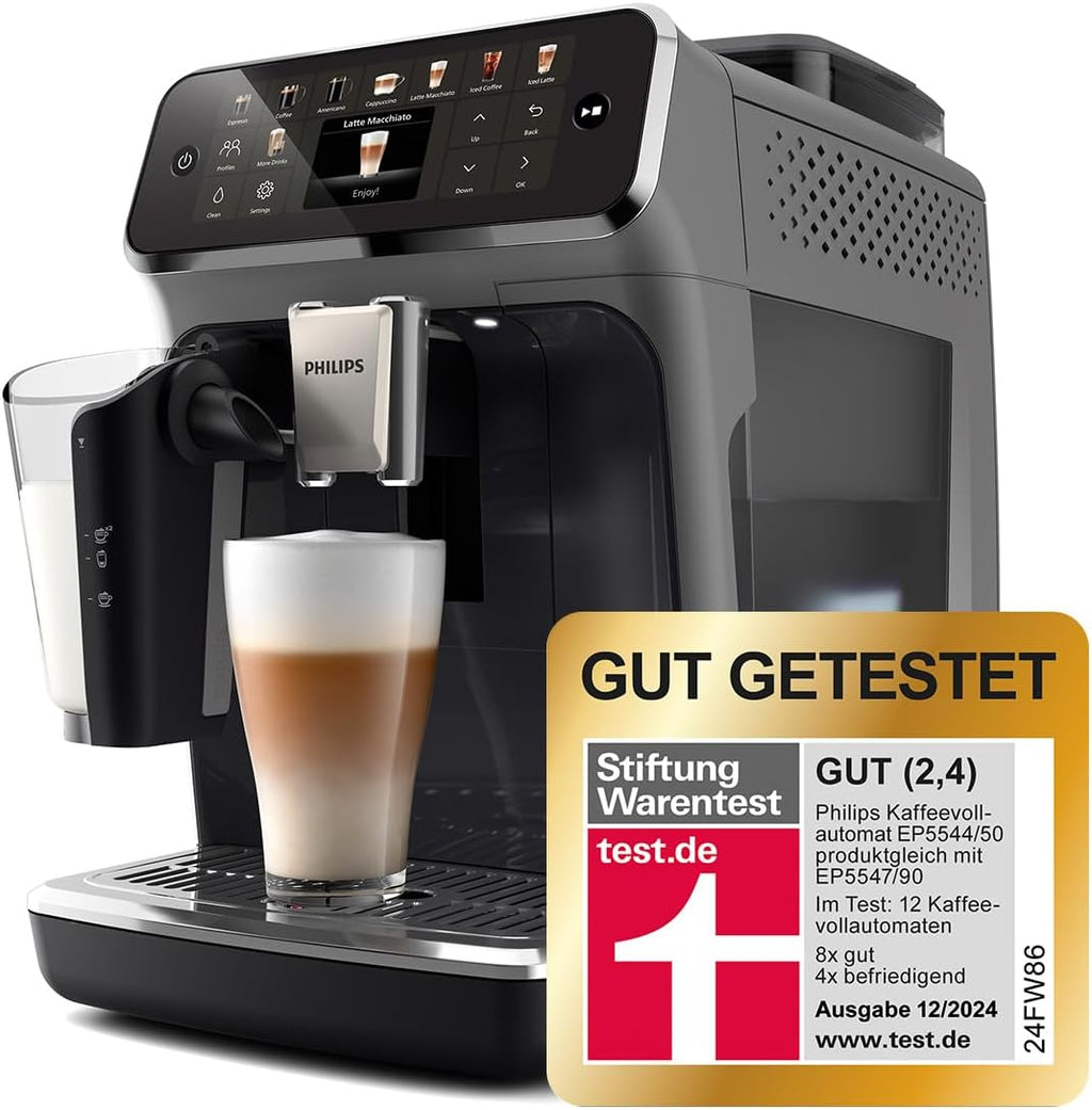 Philips Serie 5500 Kaffeevollautomat – LatteGo Milchsystem, 20 heiße und kalte Kaffeespezialitäten, 40% leiser mit SilentBrew, QuickStart, Grau (EP5544/50)