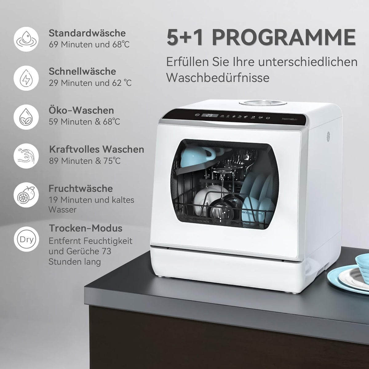 Hermitlux Mini Geschirrspüler, Spülmaschine für 4 Bestecksätze, 5 Liter Wassertank, 6 Programme Mini Tischgeschirrspüler, Perfekt für Wohnungen, Schlafsäle, Camping, Weiß
