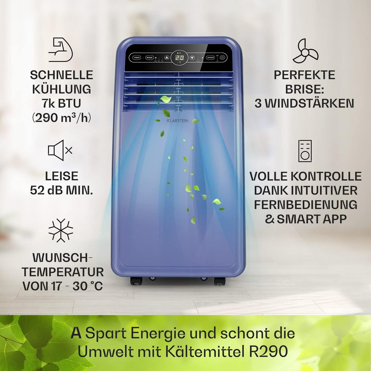 Klarstein Mobile Klimaanlage mit Abluftschlauch, 4-in-1 Klimagerät mit Ventilator, Luftentfeuchter & Nachtmodus, Kleine & Portable Klimaanlage für Wohnung & Büro, Niedriger Verbrauch, 9000 BTU