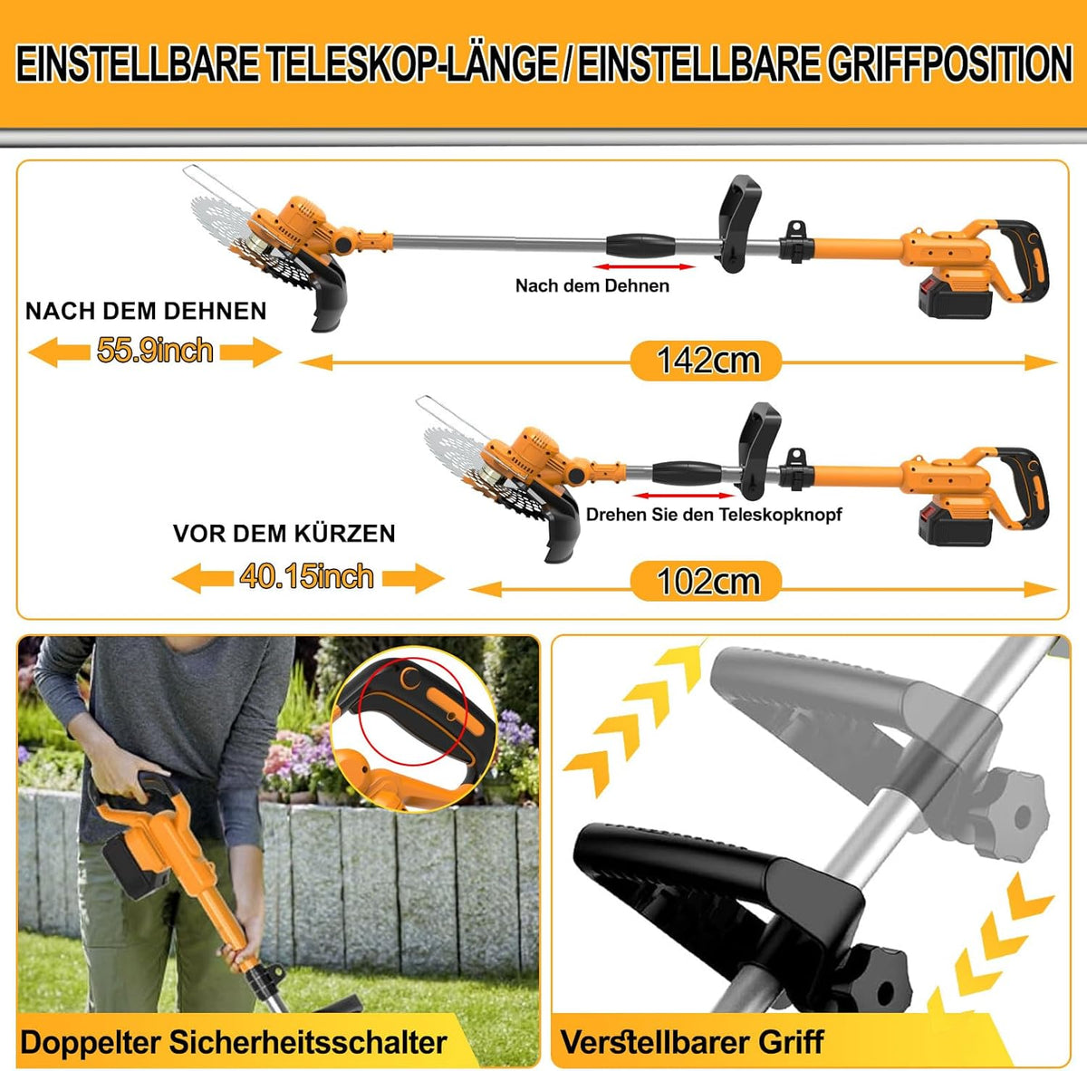 Akku Rasentrimmer mit Akku und Unkrautbürste 4 in 1 Freischneider mit Unkrautbürste 21V Bürstenloser Freischneider, Elektro Motorsense mit 2 Akku 4.0Ah und Ladegerät Teleskop, Verstellbarer, Orange