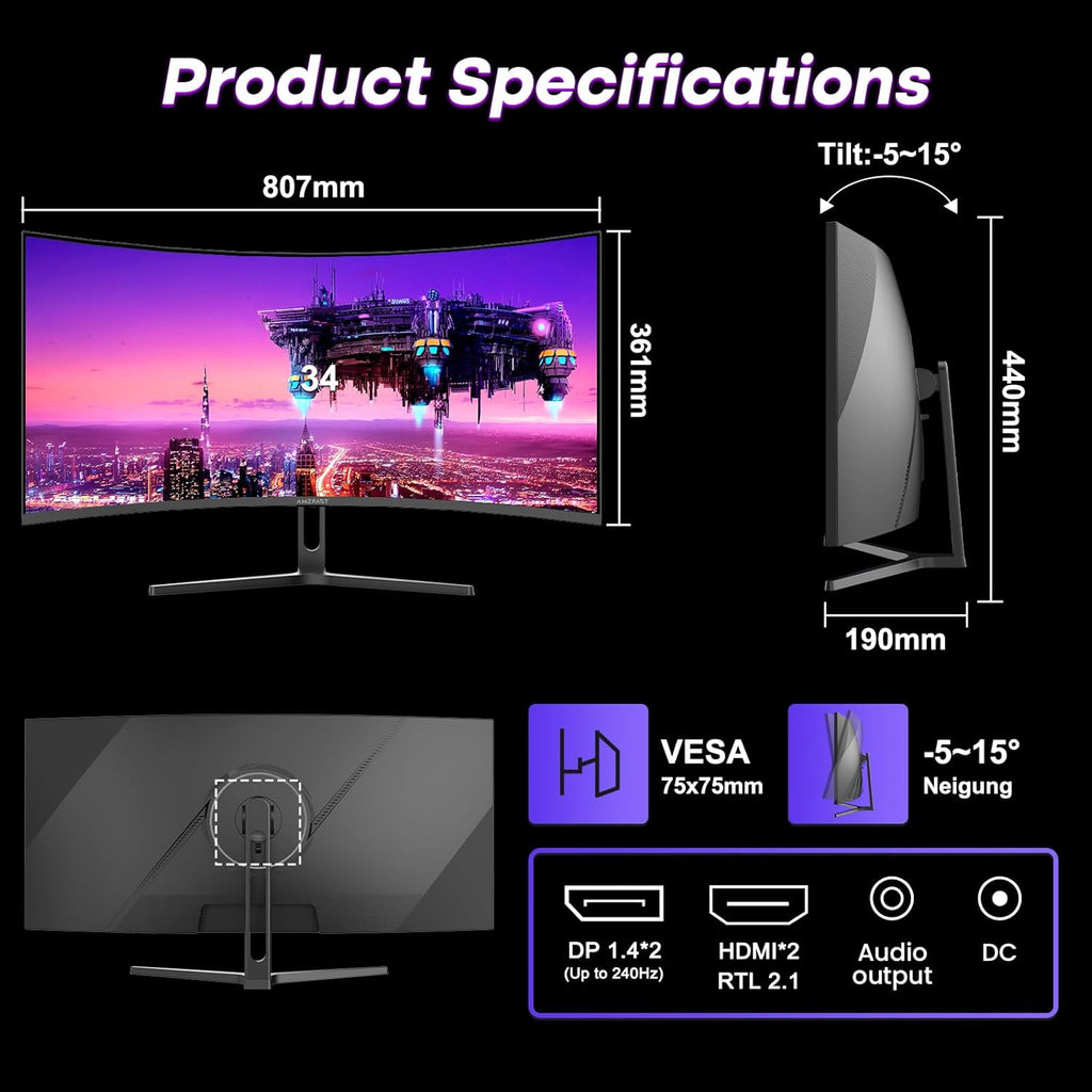 Amzfast Curved Gaming Monitor 34 Zoll, 240Hz, UltraWide QHD(3440x1440), 21:9, Eyes-Care, HDR, 1 ms MPRT, Adaptive Sync, sRGB 130% / DCI-P3 98%, HDMI 2.1*2, DP 1.4*2, VESA 75x75, PIP/PBP, AMZG34C5QPro