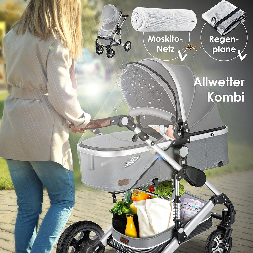 KESSER® Loops 3 in 1 Kinderwagen Kombikinderwagen Komplett-Set inkl. Babywanne & Buggy Sportsitz & Auto-Babyschale Voll-Gummireifen Wickeltasche Regenschutz Kindertisch ECE R129, Schwarz/Schwarz
