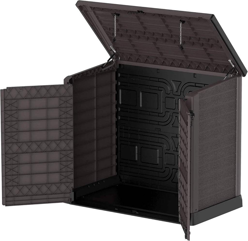 Duramax StoreAway 1200L Plastic Garden Shed/ Flat Lid, Outdoor Storage Shed, Wheelie Bin Hideaways, Wheelie bin box, Durable Construction, Ideal for Bikes, BBQs & 2x 240L Bins, 145x85x125 cm, Brown