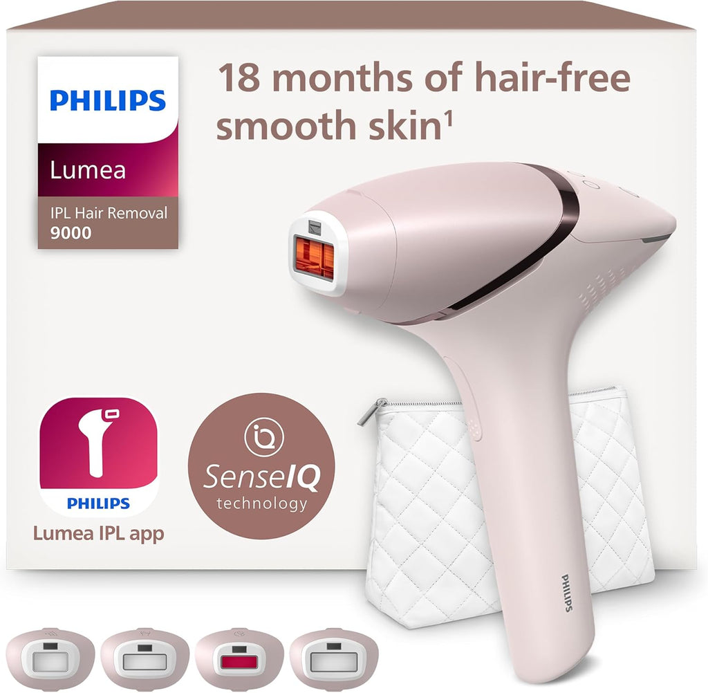 Philips Lumea IPL Haarentfernungsgerät 9000 Series – Haarentfernungsgerät mit SenseIQ Technologie, 4 Aufsätze für Körper, Gesicht, Bikinizone und Achselhöhlen, kabellos (Modell BRI957/00)