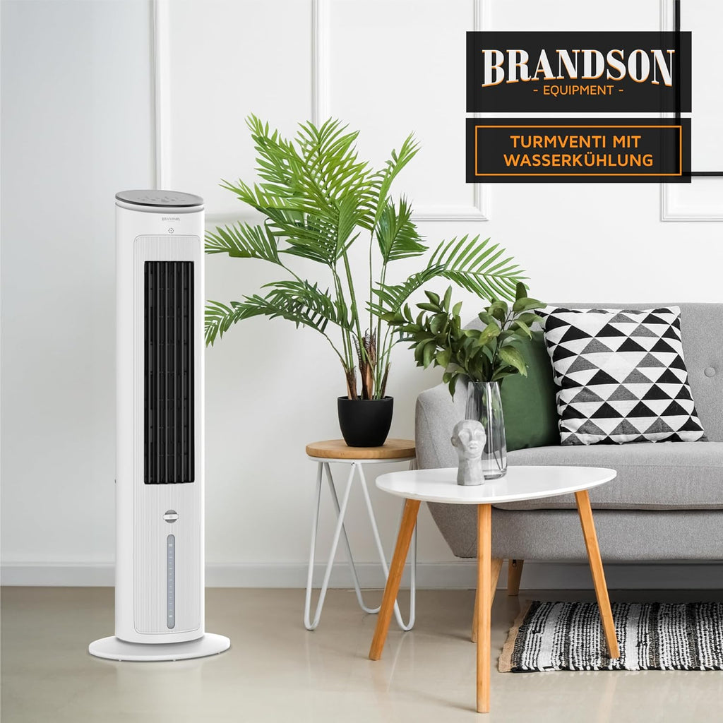 Brandson - Turmventilator mit Wasserkühlung - Preisträger 2025 - Verdunstungskühler - Luftkühler - Ventilator - mobile Klimaanlage ohne Abluftschlauch - 5 in 1 - leise - 4,6 L Wassertank - weiß