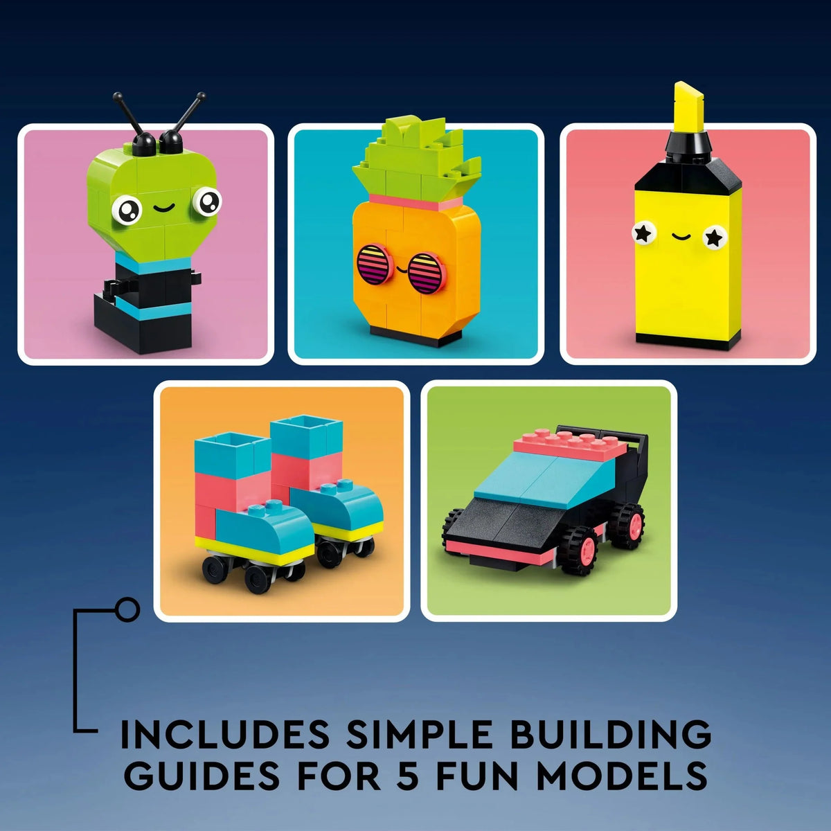 LEGO Classic Caja de Bloques Creativa con Colores Neón Divertidos 11027, Juguete de Construcción para Crear un Coche, Piña, Alienígena, Patines y Más Ideas para Niños, Niñas de 5 Años en Adelante