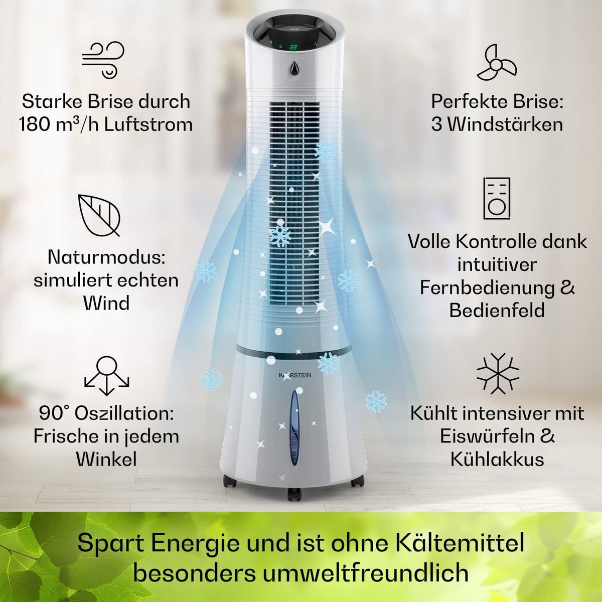 Klarstein 4-in-1: Smart Luftkühler, Ventilator, Luftbefeuchter & Ionisation I 6 L Wassertank, Oszillation, 30 W, 210 m³/h, Timer I Klimagerät ohne Abluftschlauch, Mobiles Klimagerät, Schwarz-Rosegold