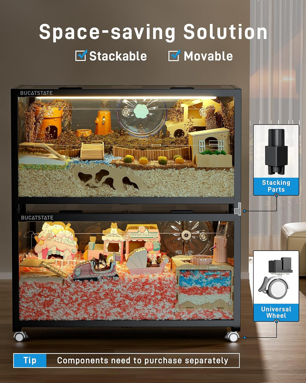 BUCATSTATE Hamsterkäfig 3,0: Metall Rattenkäfig Kleintierkäfig Groß Stapelbar mit Einfacher Montage 120L x 60W x 62H cm für Nager, Mäuse, Zwerghamster (0,72m², Weiß)