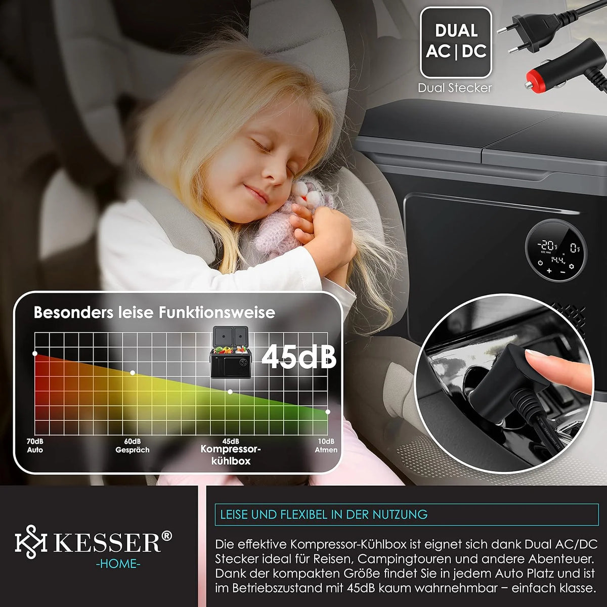 KESSER® Kompressor Kühlbox 2in1 Doppelzone Kühl & Gefrierfach elektrische Gefrierbox mit 2x Kühlakkus & LED-Touch-Bedienung | Kühlschrank Kühlung bis -20 °C für Camping, Auto, Lkw 12/24V 230V