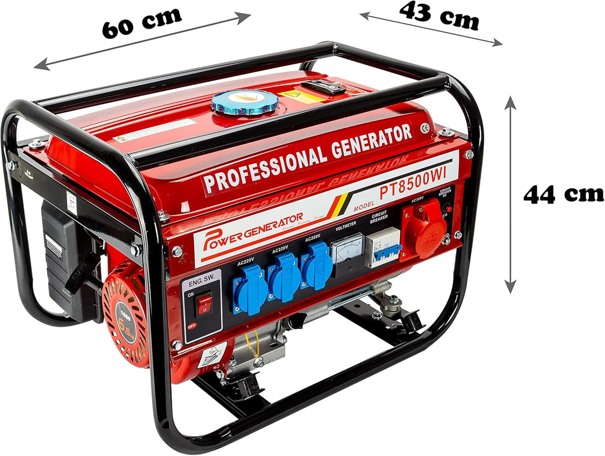 Stromgenerator mit Benzin | Stromerzeuger mit Zubehör | Notstromaggregat leise | 5 Steckdosen 3x 230V / 1x 400V / 1x 12 V | 6,5 PS (Stromgenerator mit Zugstarter)