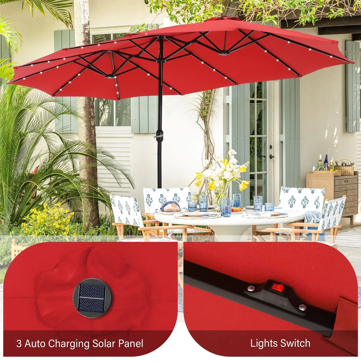 15-foot Rectangular Crank Double-sided Outdoor Market Umbrella Solar LED Lighted Patio Umbrella with Base Included