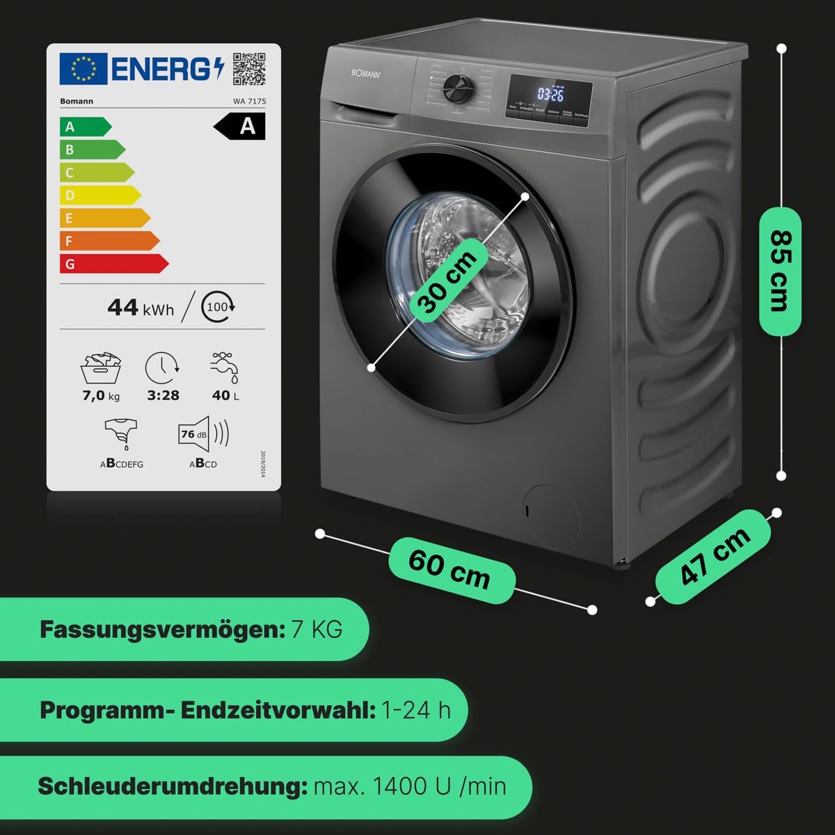 Bomann Waschmaschine 7kg | max. 1400 U/min | 10 Jahre Motor-Garantie | effizienter, leiser & langlebiger Invertermotor | 15 Programme | Endzeitvorwahl | LED-Display | Washing Machine | WA 7175 wei