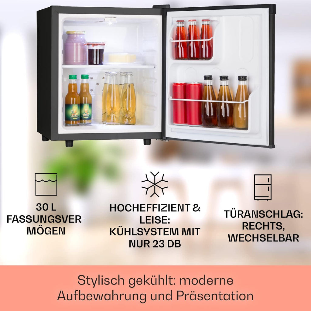 Klarstein Mini Kühlschrank für Zimmer, 30L Mini-Kühlschrank für Getränke, Snacks & Kosmetik, Kleine Minibar, Kühlschrank Klein & Leise, Kleiner Skincare Kühlschrank für Zimmer & Büro 5-15°C