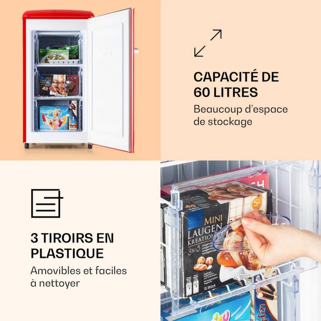 KLARSTEIN Laika - Congélateur, volume total 60 litres, thermostat 5 niveaux, 0 à -18°C, 3 clayettes, pose libre, design rétro - rouge