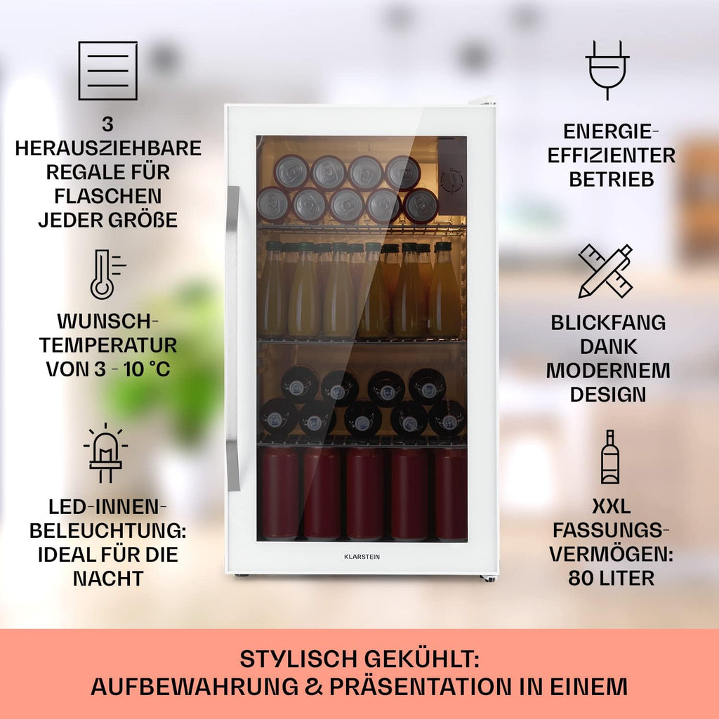 Klarstein Mini Kühlschrank mit Glastür für Zimmer, Getrnkekühlschrank mit Verstellbaren Ablagen, Kleiner 80 Liter, Indoor/Outdoor Kühlschrank Leise