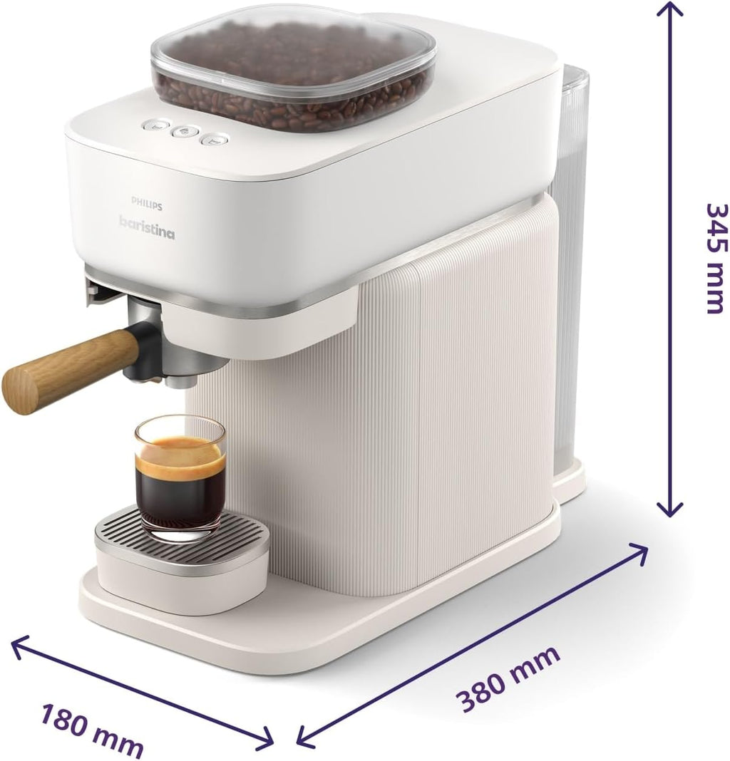 Philips Baristina Espressomaschine - Real Espresso- made simple. Kompakte Kaffeemaschine- Naturweiß mit weißem Siebträger- 16-bar-Pumpendruck- automatisches Mahlwerk- Cafe Crema (BAR300/00)