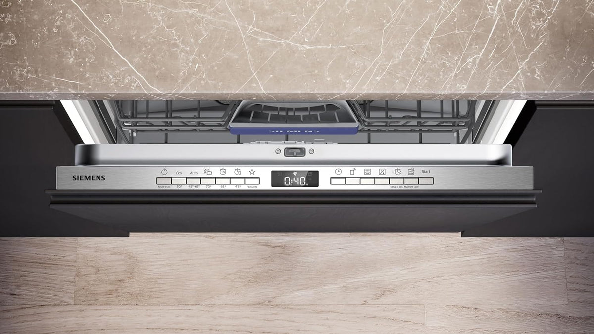 Siemens SN43ES14VE, iQ300 Smarter Geschirrspüler, Unterbau-Spülmaschine mit Besteckschublade, 60 cm, automatische Türöffnung dank autoOpen dry, besonders leise mit iQdrive-Motor, aquaStop, Edelstahl