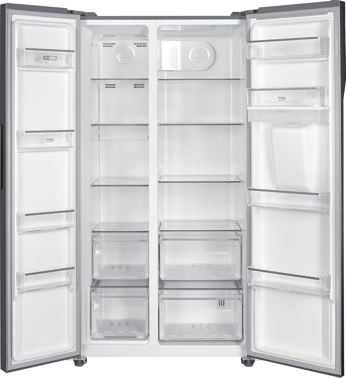 Beko GNO5322WDXPN Side-by-Side, Kühlschrank, Gefrierschrank, 532 l Gesamtvolumen, 347 Liter Kühlbereich, 185 Liter Gefrierbereich, Multifunktionsdisplay, NoFrost, Wasserspender, Edelstahl