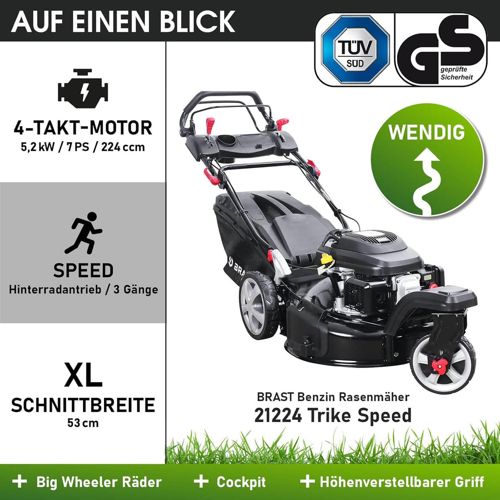 BRAST® Benzin Rasenmäher Trike mit Antrieb | 5,2kW(7PS) | 53cm Schnittbreite | viele Modelle | TÜV | 4 Takt OHV Motor | 30-80mm Schnitthöhe | 60L Fangkorb | Stahlgehäuse | Speed