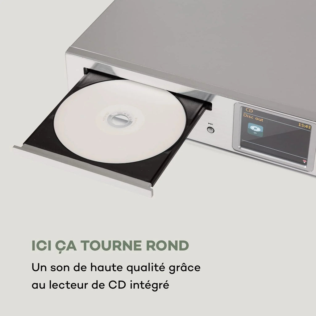 AUNA iTuner CD Récepteur HiFi - Tuner Internet Radio, Tuner HiFi, Radio FM, Dab+, Lecteur CD, Connexions Multiples, WiFi, Spotify Connect, UNDOK, USB - no Bluetooth, Argent