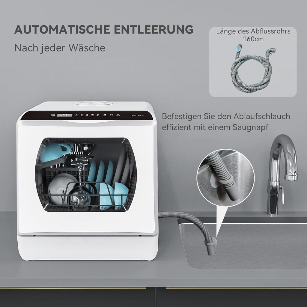 Hermitlux Mini Geschirrspüler, Spülmaschine für 4 Bestecksätze, 5 Liter Wassertank, 6 Programme Mini Tischgeschirrspüler, Perfekt für Wohnungen, Schlafsäle, Camping, Weiß