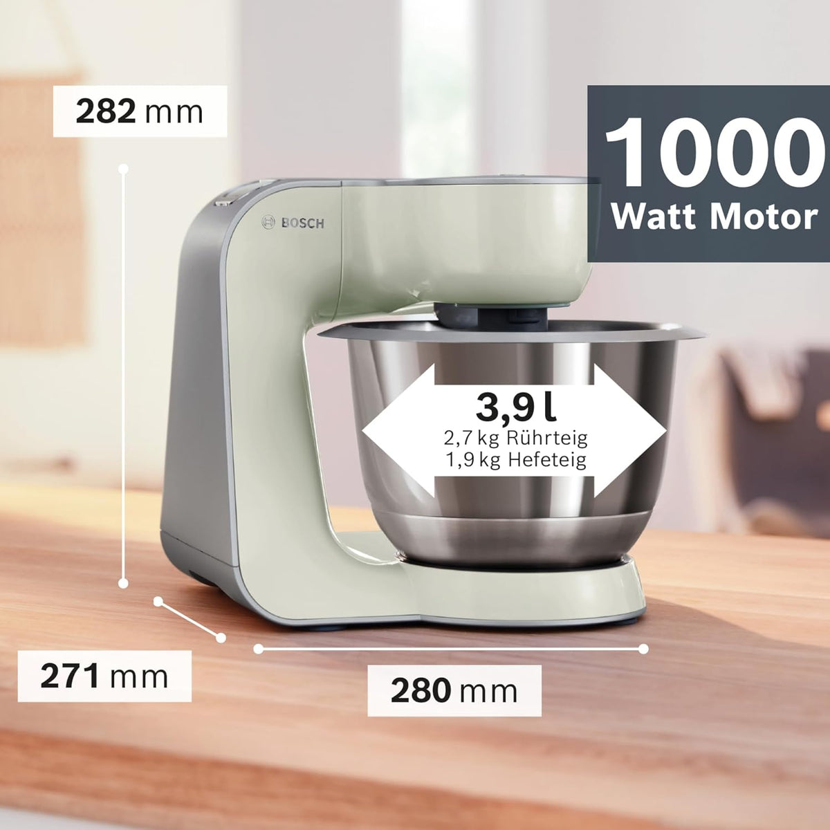 Bosch Küchenmaschine Serie 4 MUM58720,Edelstahl-Schüssel 3,9 L, Mixer 1,25 L, Planetenrührwerk,Knethaken,Schlag,Rührbesen, Durchlaufschnitzler, 3 Scheiben, 1000 W, Dunkelrot/Silber